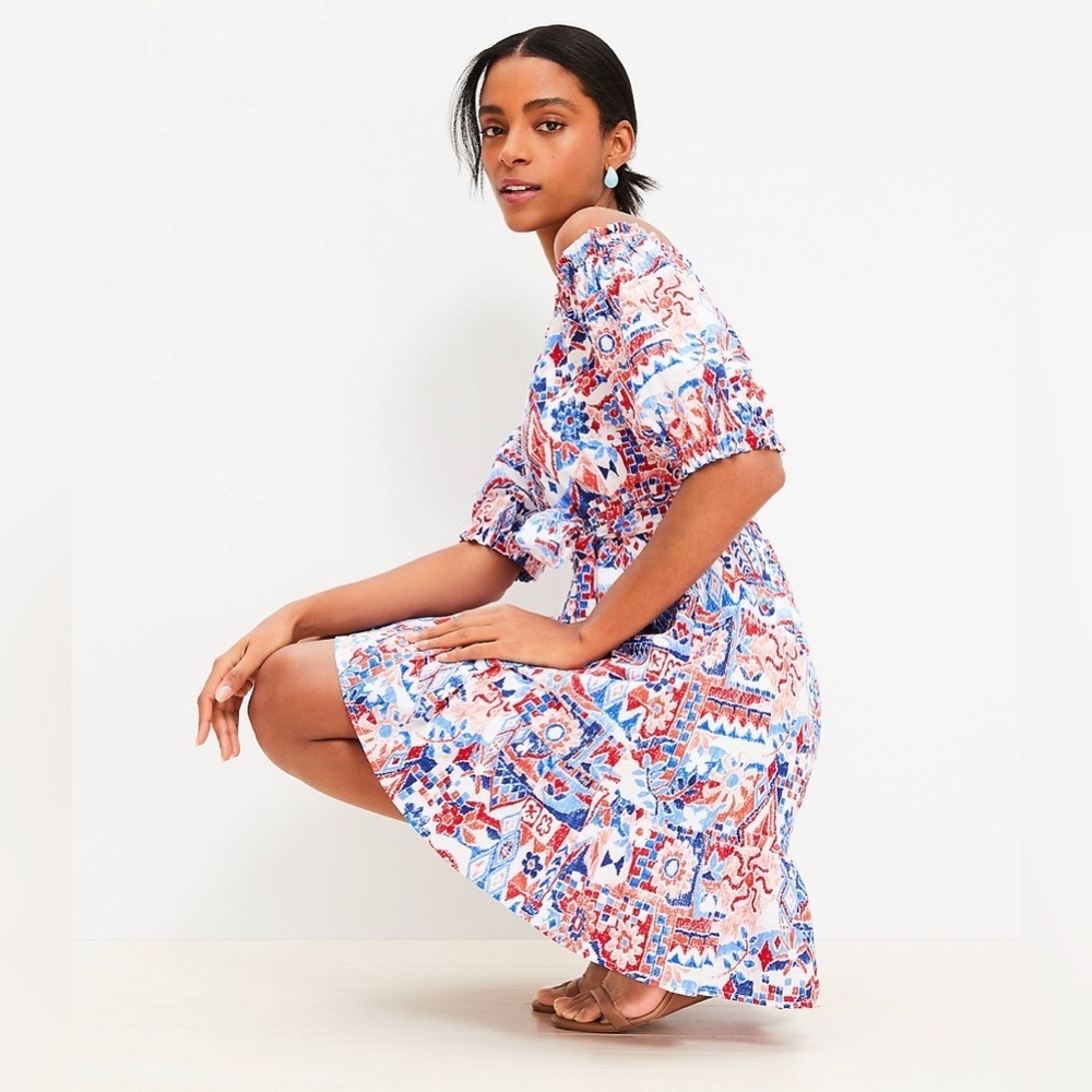 Loft Scribble Ruffle Off The Shoulder Mini Dress.